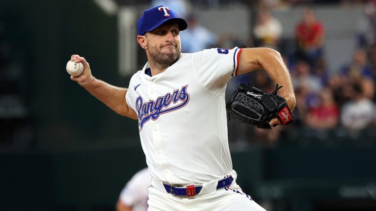 Texas Rangers starting pitcher Max Scherzer (31) delivers in the first inning of a baseball game against the Chicago White Sox Thursday, July 25, 2024, in Arlington, Texas. (Richard W. Rodriguez/AP)