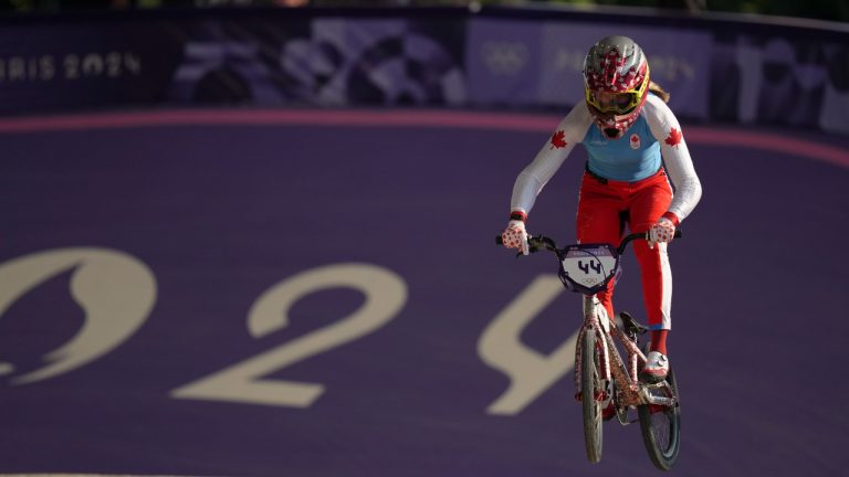 Molly Simpson of Canada practices before a BMX racing event, at the 2024 Summer Olympics, Friday, Aug. 2, 2024, in Saint-Quentin-en-Yvelines, France. (Thibault Camus/AP)