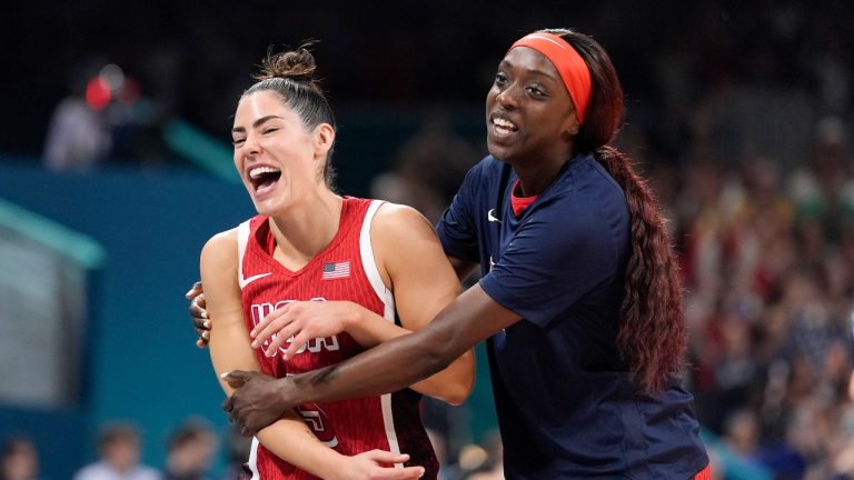 United States' A'ja Wilson, left, and United States' Kahleah Copper celebrate as they walk off the court after defeating Belgium in a women's basketball game at the 2024 Summer Olympics, Thursday, Aug. 1, 2024, in Villeneuve-d'Ascq, France. (Michael Conroy/AP Photo)