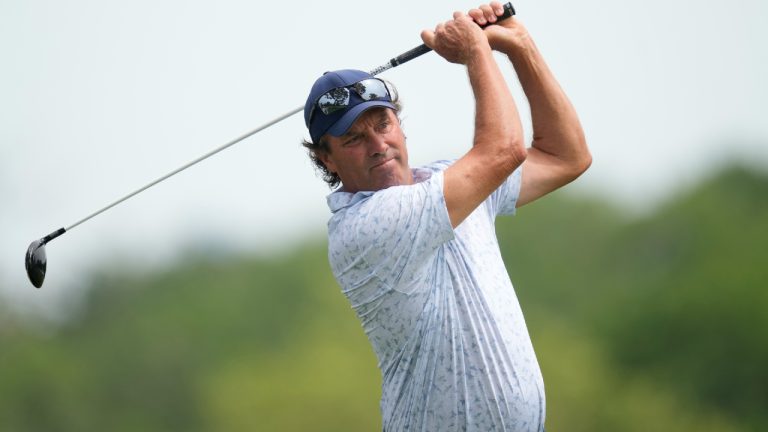 Stephen Ames watches his shot off the third tee during the final round of the Champions Tour Principal Charity Classic golf tournament, Sunday, June 2, 2024, in Des Moines, Iowa. (Charlie Neibergall/AP)