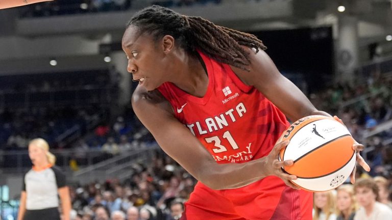 Atlanta Dream's Tina Charles maneuvers around the basket in a WNBA basketball game against the Chicago Sky on Wednesday, July 10, 2024, in Chicago. (Charles Rex Arbogast/AP Photo)