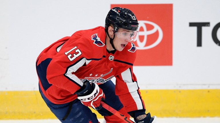 Washington Capitals left wing Jakub Vrana (13) skates with the puck during the second period of an NHL hockey game against the Buffalo Sabres, Sunday, Jan. 24, 2021, in Washington. (Nick Wass/AP)