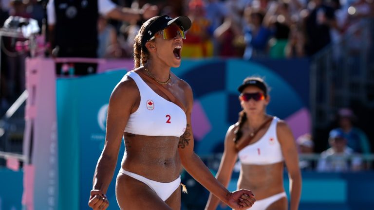 Canada's Brandie Wilkerson celebrates during a victory over the United States in a beach volleyball match at the 2024 Summer Olympics, Monday, Aug. 5, 2024, in Paris, France. (Robert F. Bukaty/AP Photo)