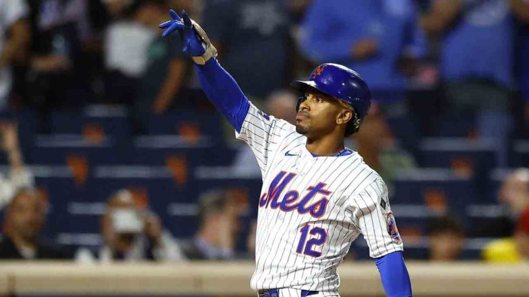 New York Mets' Francisco Lindor reacts after hitting a two run home run against the Boston Red Sox during the third inning of a baseball game, Tuesday, Sept. 3, 2024, in New York. (Noah K. Murray/AP)