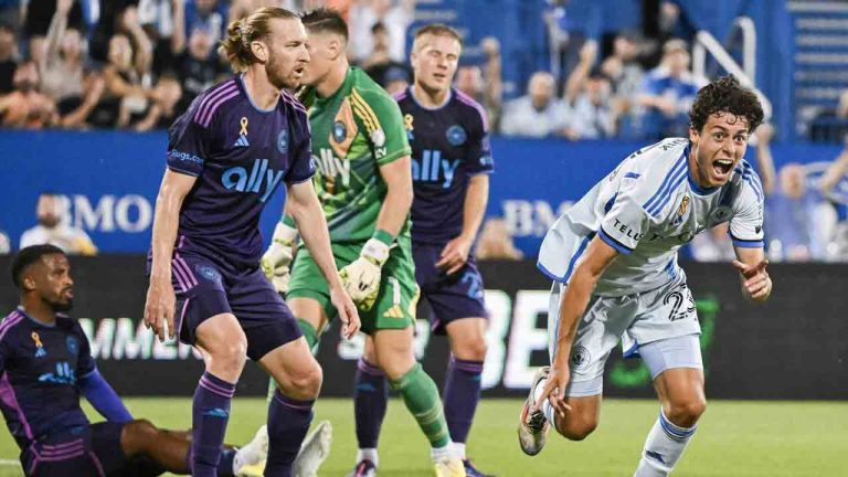 CF Montreal's Caden Clark (23) reacts after scoring against Charlotte FC during first half MLS soccer action in Montreal, Saturday, Sept. 14, 2024. (Graham Hughes/CP)