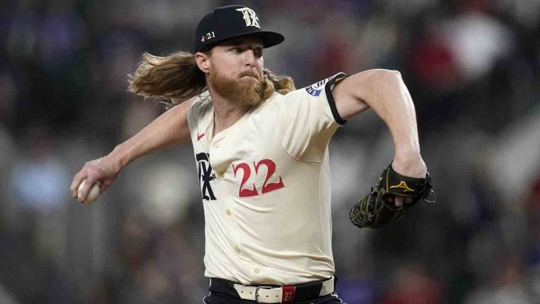 Texas Rangers starting pitcher Jon Gray throws to the Oakland Athletics in the first inning of a baseball game, Friday, Aug. 30, 2024, in Arlington, Texas. (Tony Gutierrez/AP)