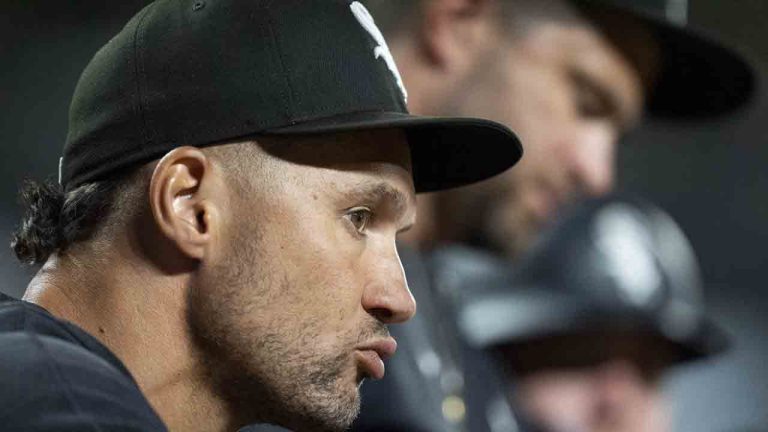 White Sox interim manager Grady Sizemore watches in the dugout during a baseball game between the Baltimore Orioles and the Chicago White Sox, Tuesday, Sept. 3, 2024, in Baltimore. (Stephanie Scarbrough/AP)