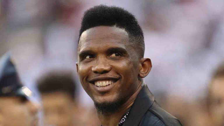 Soccer player Samuel Eto'o watches warmups before an International Champions Cup soccer match between Atletico Madrid and Real Madrid on July 26, 2019, in East Rutherford, N.J. (Steve Luciano/AP)