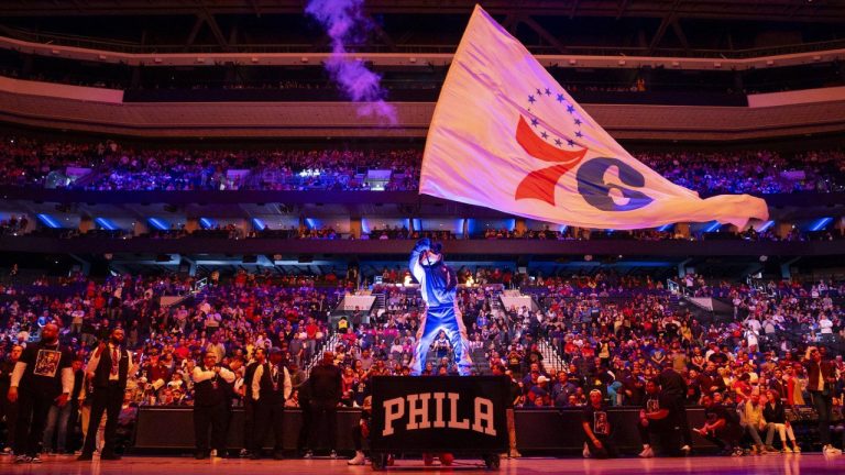 Philadelphia 76ers mascot Franklin waves the flag during pre-game introductions prior to the NBA basketball game against the Brooklyn Nets, April 14, 2024, in Philadelphia. (Chris Szagola/AP)