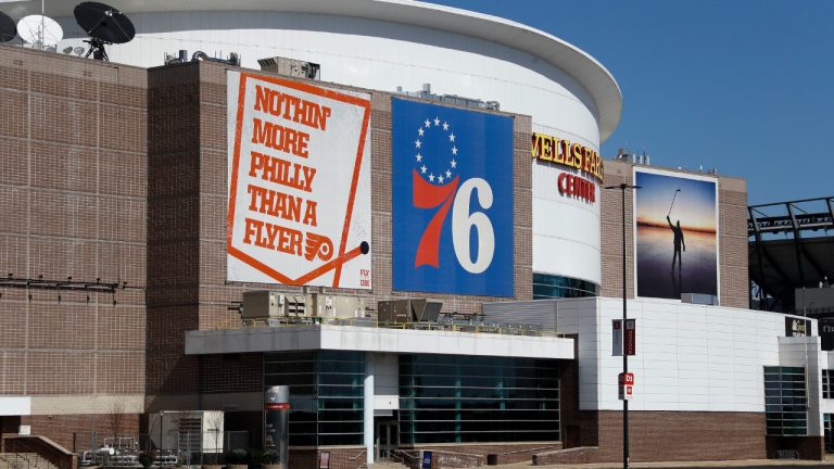 FILE - Wells Fargo Center, home of the Philadelphia Flyers NHL hockey team and the Philadelphia 76ers NBA basketball team, is shown March 14, 2020. (Matt Slocum/AP)