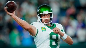 New York Jets quarterback Aaron Rodgers warms up before an NFL game against the Buffalo Bills on Monday, Sep. 11, 2023, in East Rutherford, N.J. (AP/Rusty Jones)