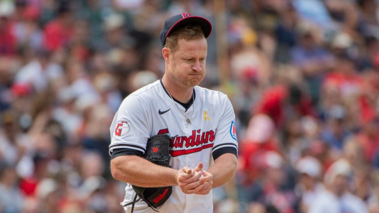 Cleveland Guardians starting pitcher Alex Cobb reacts between pitches during the seventh inning of a baseball game against the Pittsburgh Pirates in Cleveland, Sunday, Sept. 1, 2024. (AP/Phil Long)