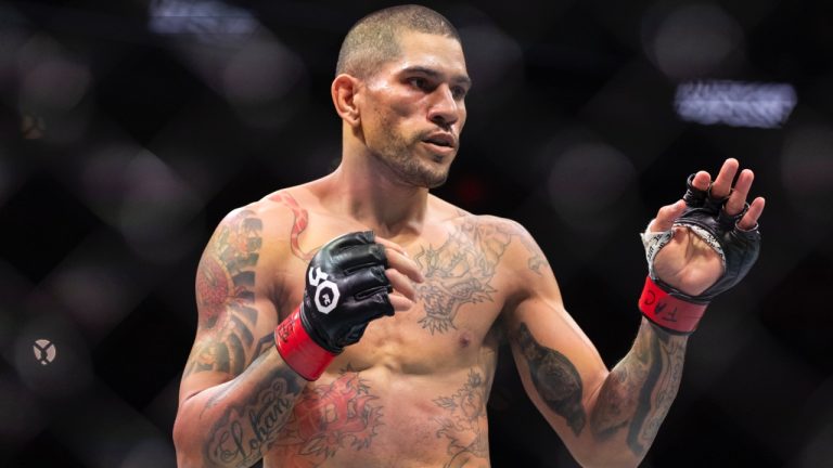 Alex Pereira fights against Israel Adesanya (not pictured) in their middleweight title match during UFC 287 in 2023. (Matias J. Ocner/Miami Herald via AP)