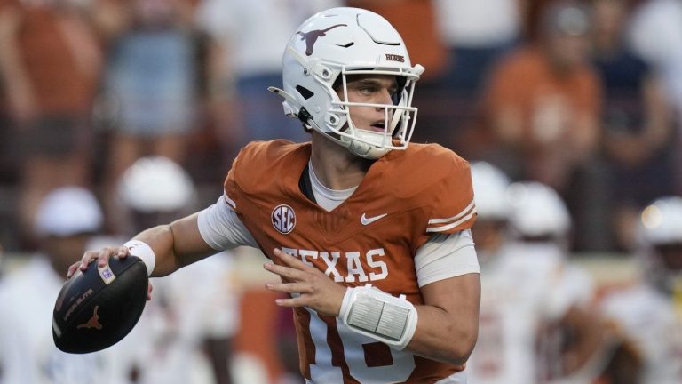 Arch Manning earned his first career win as a starter and Jaydon Blue scored four touchdowns as No. 1 Texas ran over Louisiana-Monroe 51-3 Saturday night. (Eric Gay/AP)