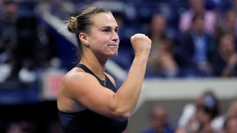 Aryna Sabalenka, of Belarus, pumps her fist during the second set of her match against Zheng Qinwen, of China, during the quarterfinals of the U.S. Open tennis championships, Tuesday, Sept. 3, 2024, in New York. (Eduardo Munoz Alvarez/AP)