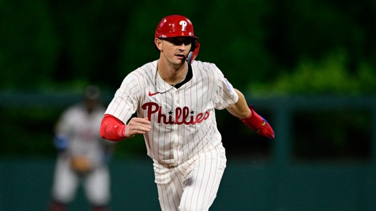 Austin Hays in action during a baseball game against the Atlanta Braves, Saturday, Aug. 31, 2024, in Philadelphia. (AP/Derik Hamilton)