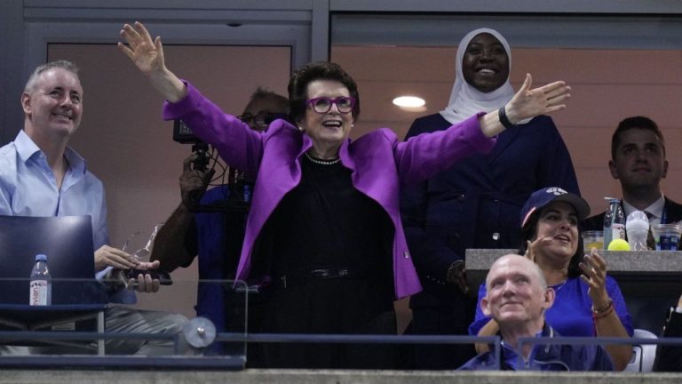 Billie Jean King waves to the crowd during the women's singles semifinals between Emma Navarro, of the United States, and Aryna Sabalenka, of Belarus, of the U.S. Open tennis championships, Thursday, Sept. 5, 2024, in New York. (Seth Wenig/AP Photo)
