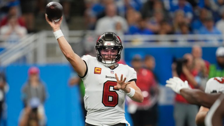 Tampa Bay Buccaneers quarterback Baker Mayfield throws during the second half of an NFL football game against the Detroit Lions, Sunday, Sept. 15, 2024, in Detroit. (Paul Sancya/AP)