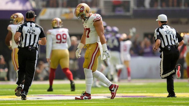 San Francisco 49ers defensive end Nick Bosa (97) walks off the field after a 97-yard touchdown reception by Minnesota Vikings wide receiver Justin Jefferson during the first half of an NFL football game, Sunday, Sept. 15, 2024, in Minneapolis. (Abbie Parr/AP Photo)