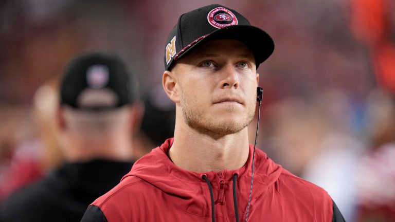 San Francisco 49ers running back Christian McCaffrey walks on the sideline during the second half of an NFL football game against the New York Jets in Santa Clara, Calif., Monday, Sept. 9, 2024. (Godofredo A. Vásquez/AP)