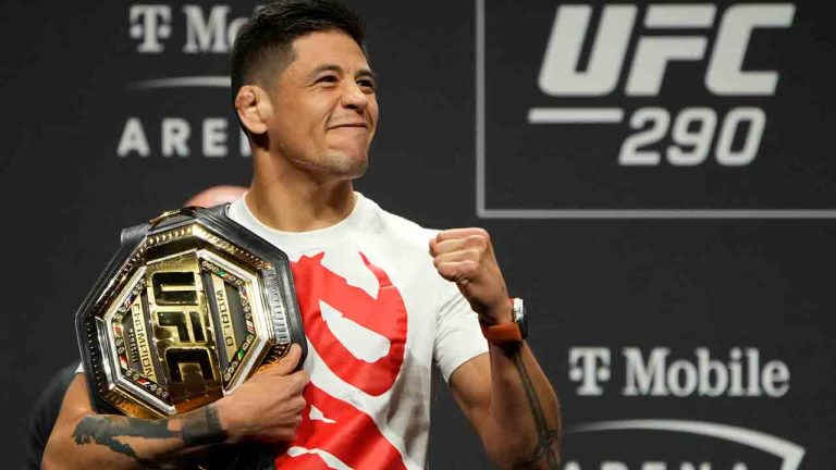 Brandon Moreno reacts during a news conference for the UFC 290 Mixed Martial arts event Thursday, July 6, 2023, in Las Vegas. (John Locher/AP)