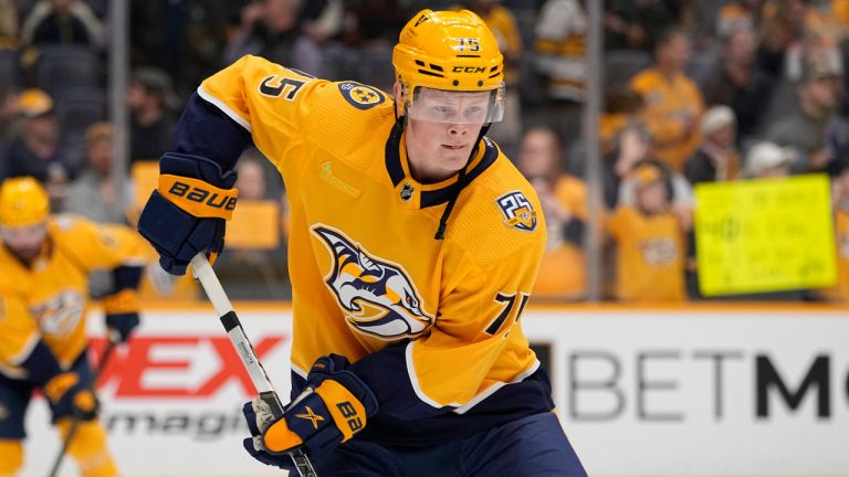 Nashville Predators center Juuso Parssinen (75) warms up before the team's NHL hockey game against the Carolina Hurricanes, Wednesday, Dec. 27, 2023, in Nashville, Tenn. (George Walker IV/AP) 