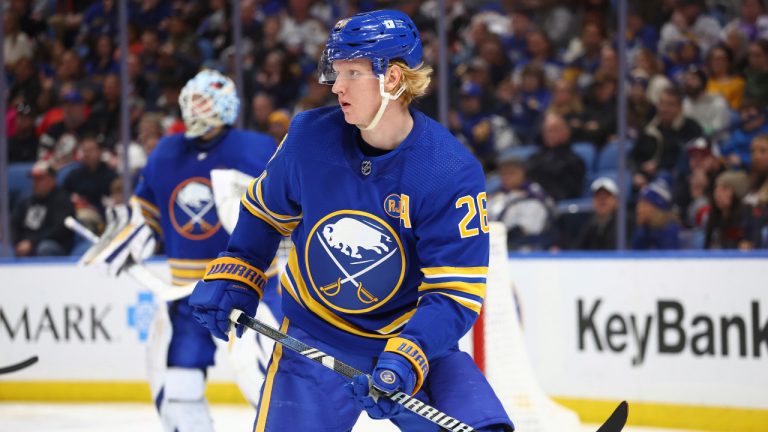 Buffalo Sabres defenceman Rasmus Dahlin (26) skates during the second period of an NHL hockey game against the Columbus Blue Jackets Saturday, Dec. 30, 2023, in Buffalo, N.Y. (Jeffrey T. Barnes/AP) 