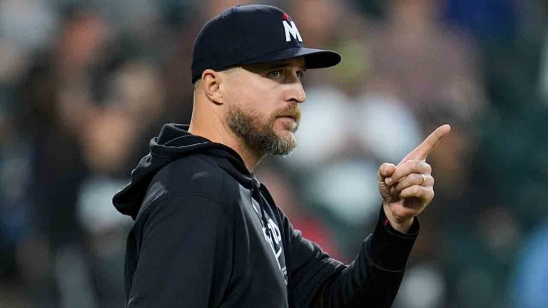 Minnesota Twins manager Rocco Baldelli signals to the bullpen as he makes a pitching change during the fourth inning of a baseball game against the Chicago White Sox, Tuesday, April 30, 2024, in Chicago. (Erin Hooley/AP)