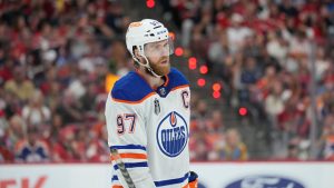 Edmonton Oilers centre Connor McDavid (97) skates on the ice during the third period of Game 7 of the NHL hockey Stanley Cup Final against the Florida Panthers, Monday, June 24, 2024, in Sunrise, Fla. (Wilfredo Lee/AP) 