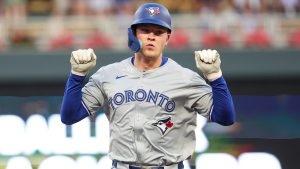 Toronto Blue Jays' Will Wagner celebrates his solo home run against the Minnesota Twins during the sixth inning of a baseball game, Saturday, Aug. 31, 2024, in Minneapolis. (Matt Krohn/AP) 