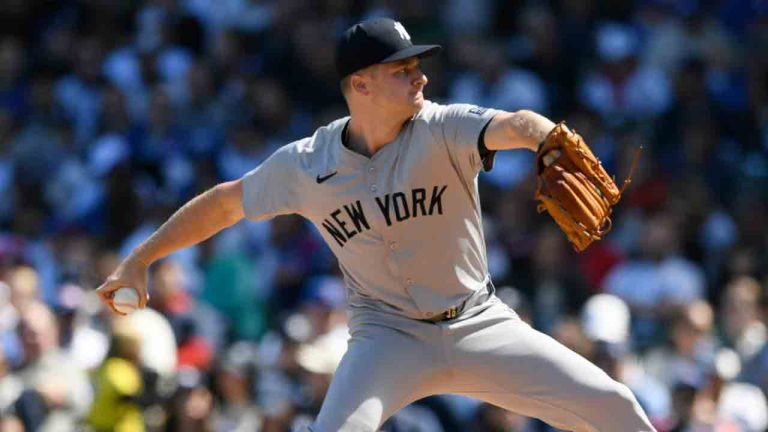 New York Yankees starter Clarke Schmidt delivers a pitch during the first inning of a baseball game against the Chicago Cubs in Chicago, Saturday, Sept. 7, 2024. (Paul Beaty/AP)