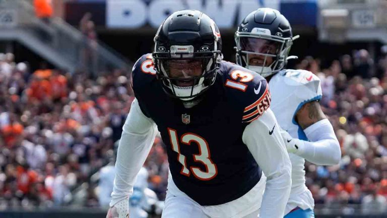 Chicago Bears wide receiver Keenan Allen misses the catch during the first half of an NFL football game against the Tennessee Titans, Sunday, Sept. 8, 2024 in Chicago. (Nam Y. Huh/AP)