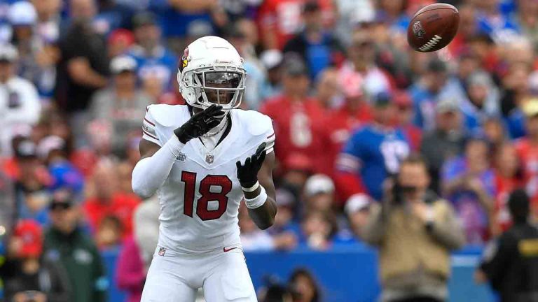 Arizona Cardinals wide receiver Marvin Harrison Jr. (18) catches a pass during the first half of an NFL football game against the Buffalo Bills in Orchard Park, N.Y., Sunday, Sept. 8, 2024. (Adrian Kraus/AP)