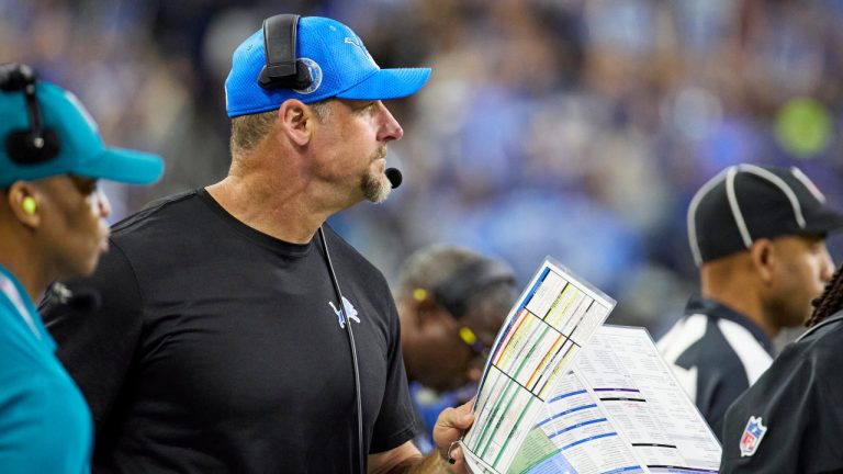 Detroit Lions head coach Dan Campbell on the sideline against the Tampa Bay Buccaneers during an NFL football game in Detroit, Sunday, Sept. 15, 2024. (Rick Osentoski/AP) 