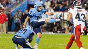 Lirim Hajrullahu (70) of the Toronto Argonauts kicks a field goal, tying a franchise record with 7 field goals in a game, during second half CFL action against the Montreal Alouettes in Toronto on Saturday, September 28, 2024. (Nick Iwanyshyn/CP)