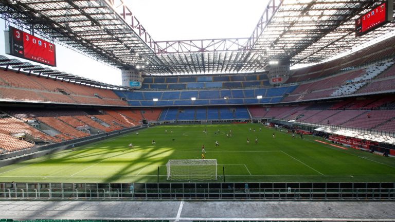 A view of the empty stadium during the Serie A soccer match between AC Milan and Genoa at the San Siro stadium, in Milan, Italy, Sunday, March 8, 2020. (Antonio Calanni/AP) 