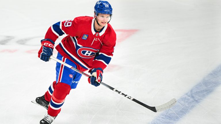 Former Montreal Canadiens defenceman Mattias Norlinder skates prior to an NHL pre-season hockey game against the Toronto Maple Leafs in Montreal, Saturday, September 30, 2023. (Graham Hughes/CP)