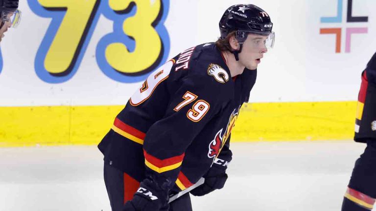 NHL profile photo on Calgary Flames player Cole Schwindt at a game against the Chicago Blackhawks in Calgary, Alta. on Jan. 27, 2024. (Larry MacDougal/CP)