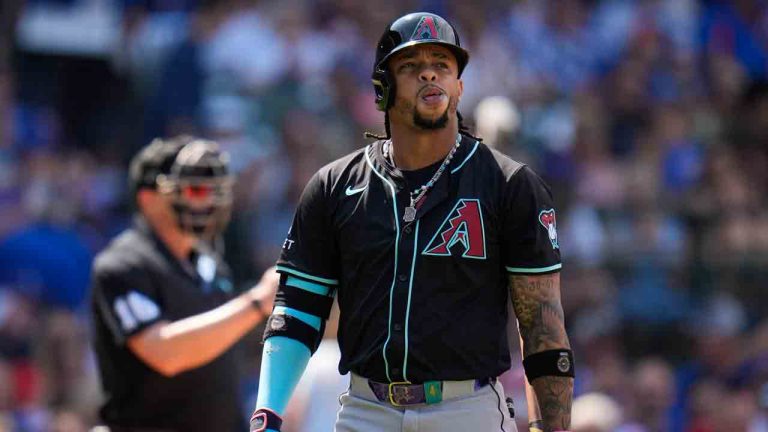 Arizona Diamondbacks designated hitter Ketel Marte reacts to striking out during the eighth inning of a baseball game against the Chicago Cubs, Sunday, July 21, 2024, in Chicago. (Erin Hooley/AP)