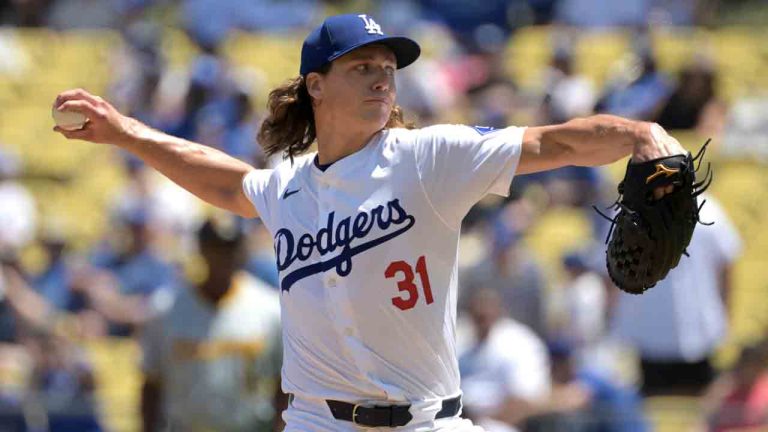 Los Angeles Dodgers' Tyler Glasnow delivers to the plate during the first inning of a baseball game against the Pittsburgh Pirates, Sunday, Aug. 11, 2024, in Los Angeles. (Jayne-Kamin-Oncea/AP)