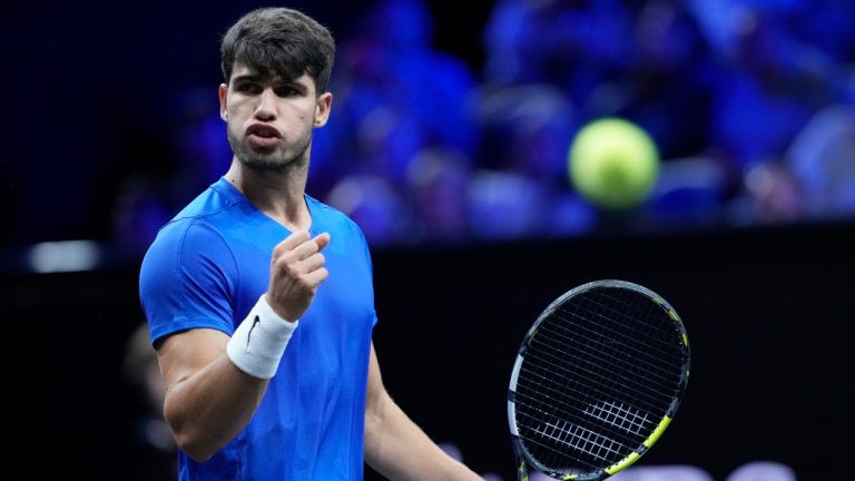 Team Europe's Carlos Alcaraz reacts during his singles tennis match against Team World's Taylor Fritz on the third day of the Laver Cup tennis tournament, at the Uber arena in Berlin, Germany, Sunday, Sept. 22, 2024. (AP Photo/Ebrahim Noroozi)