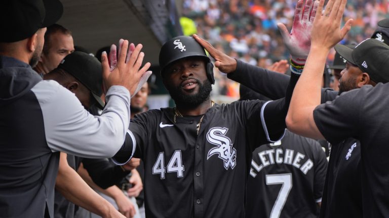 Chicago White Sox's Bryan Ramos (44) celebrates scoring against the Detroit Tigers in the second inning of a baseball game, Sunday, Sept. 29, 2024, in Detroit. (Paul Sancya/AP)