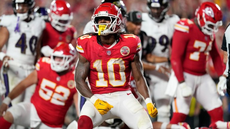 Kansas City Chiefs running back Isiah Pacheco celebrates after scoring during the second half of an NFL football game against the Baltimore Ravens Thursday, Sept. 5, 2024, in Kansas City, Mo. (Ed Zurga/AP)