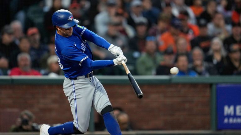 Toronto Blue Jays' Ernie Clement hits a three-run home run against the San Francisco Giants during the seventh inning of a baseball game Tuesday, July 9, 2024, in San Francisco. (Godofredo A. Vásquez/AP Photo)