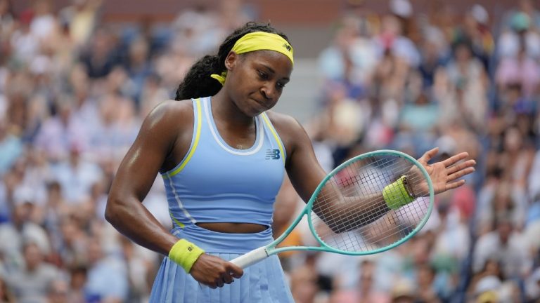 Coco Gauff, of the United States, reacts after scoring a point against Emma Navarro, of the United States, during the fourth round of the U.S. Open tennis championships, Sunday, Sept. 1, in New York. 2024. (Pamela Smith/AP)