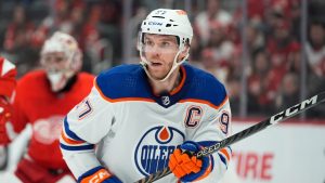 Edmonton Oilers center Connor McDavid (97) plays against the Detroit Red Wings in the first period of an NHL hockey game Thursday, Jan. 11, 2024, in Detroit. (Paul Sancya/AP)