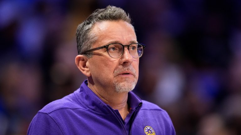 Los Angeles Sparks head coach Curt Miller watches play against the Dallas Wings during a WNBA basketball game in Arlington, Texas, Saturday, July 13, 2024. (AP/Tony Gutierrez)