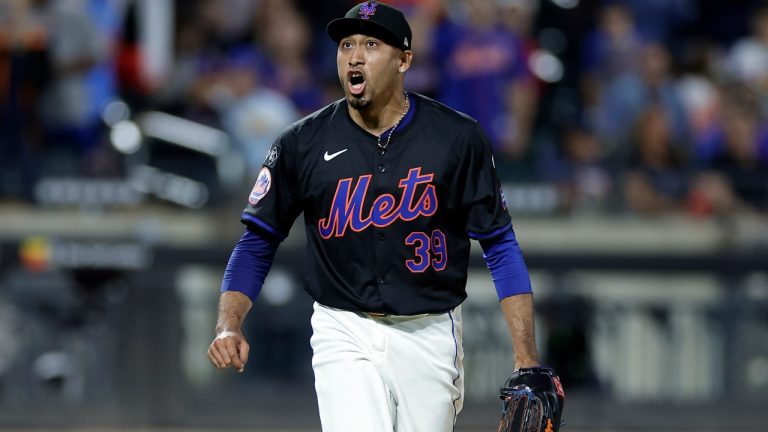 New York Mets pitcher Edwin Diaz reacts during the ninth inning of a baseball game against the Cincinnati Reds, Friday, Sept. 6, 2024, in New York. (Adam Hunger/AP)