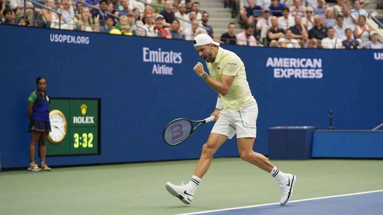 Grigor Dimitrov, of Bulgaria, reacts after scoring a point against Andrey Rublev, of Russia, during the fourth round of the U.S. Open tennis championships. (Pamela Smith/AP)
