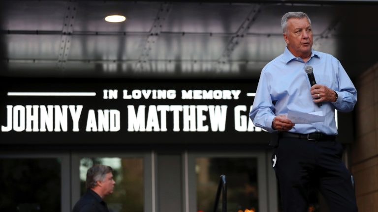 Columbus Blue Jackets general manager Don Waddell speaks during the candlelight vigil to honour Blue Jackets hockey player Johnny Gaudreau and his brother Matthew, Thursday, Sept. 4, 2024, outside of Nationwide Arena in Columbus, Ohio. (Joe Maiorana/AP)